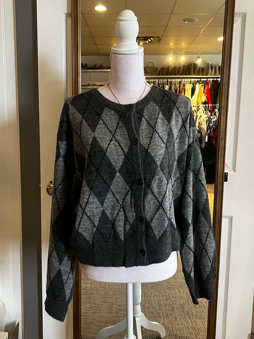 Vici Charcoal and Light Gray Argyle Crewneck Sweater
